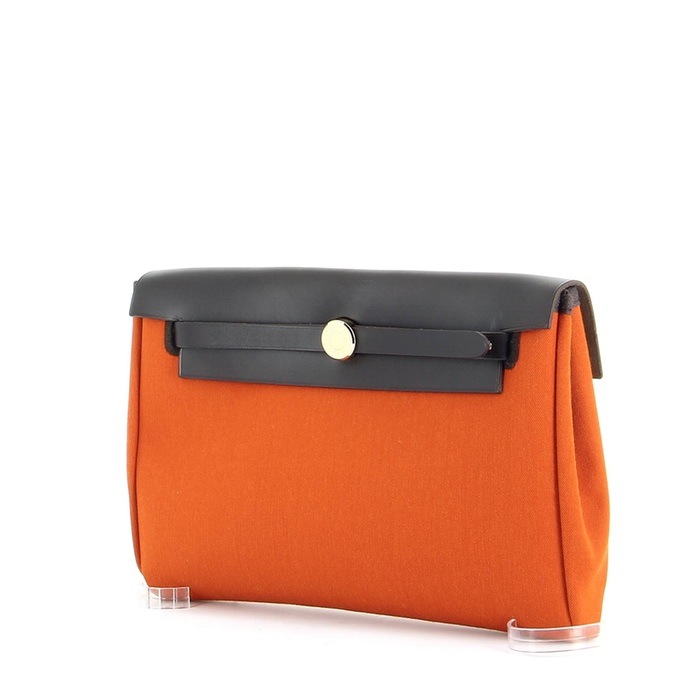 Bolsito de mano Hermès Herbag - Pocket Hand en lona naranja y roja y cuero marrón - Detail D2