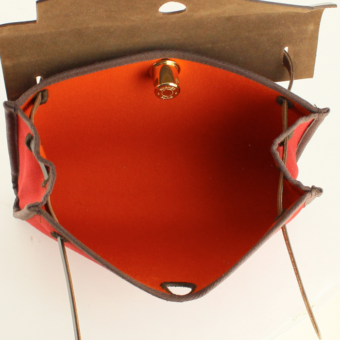 Pochette Hermès Herbag - Pocket Hand en toile orange et rouge et cuir marron - Detail D3