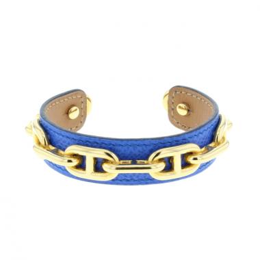 Hermes blue leather bracelet and gold-plated chain