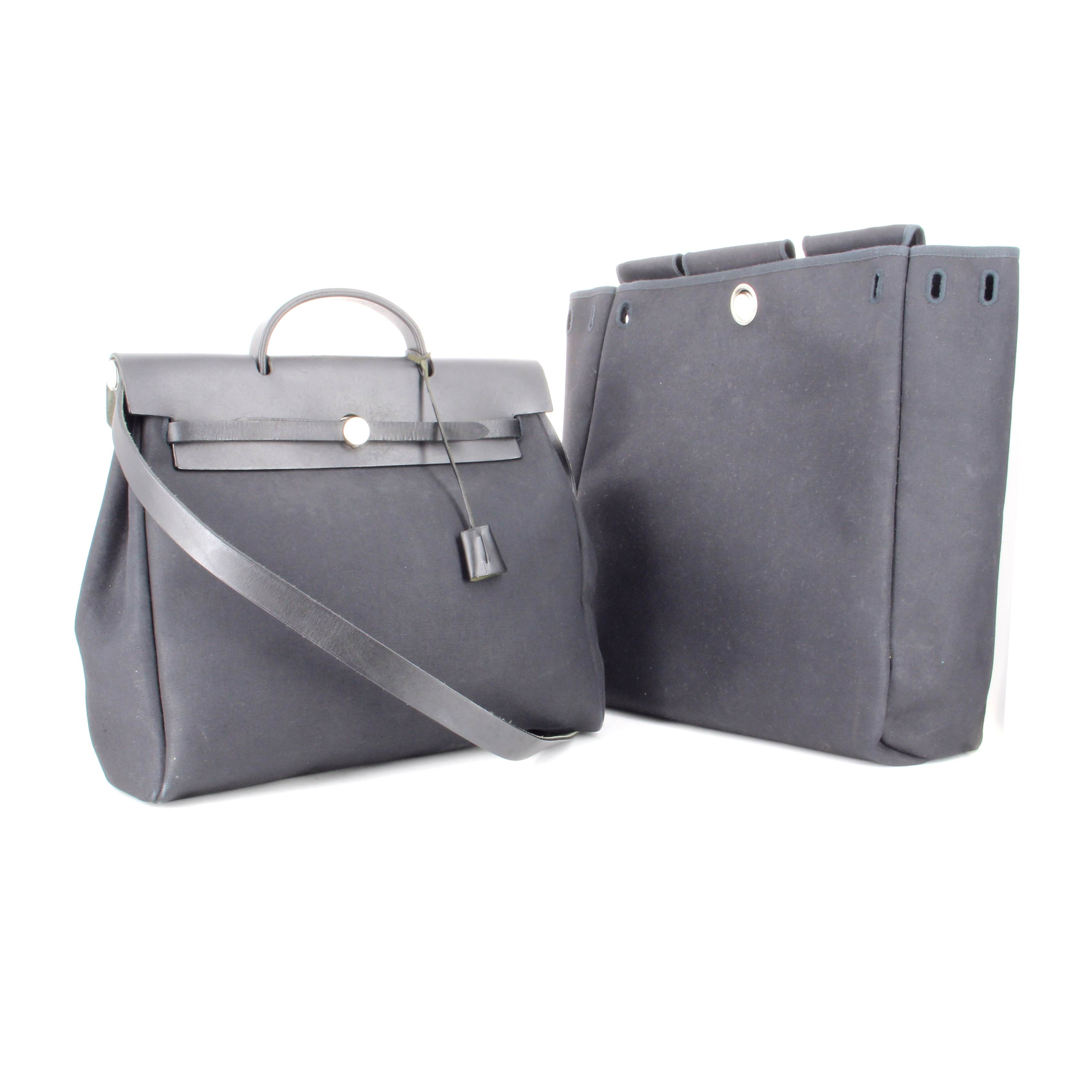 Hermès Herbag in black canvas and leather - Detail D1