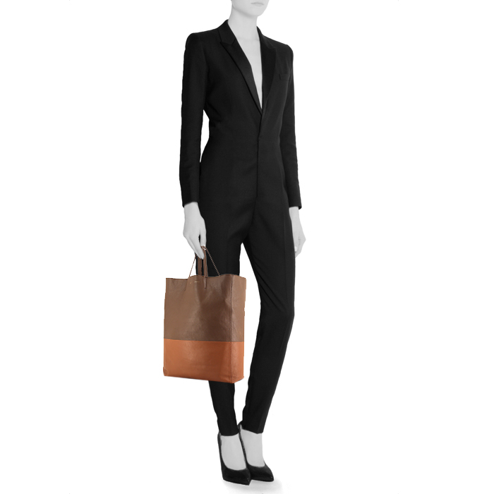 Shopping Celine bag Vertical in bicolor, taupe and brown leather - Detail D1