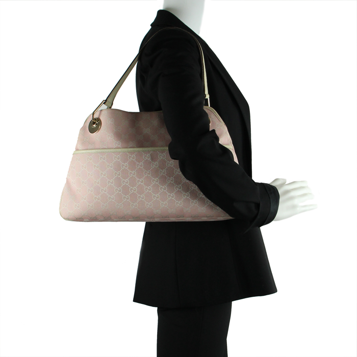 Handbag in pink monogram canvas and beige leather - Detail D1