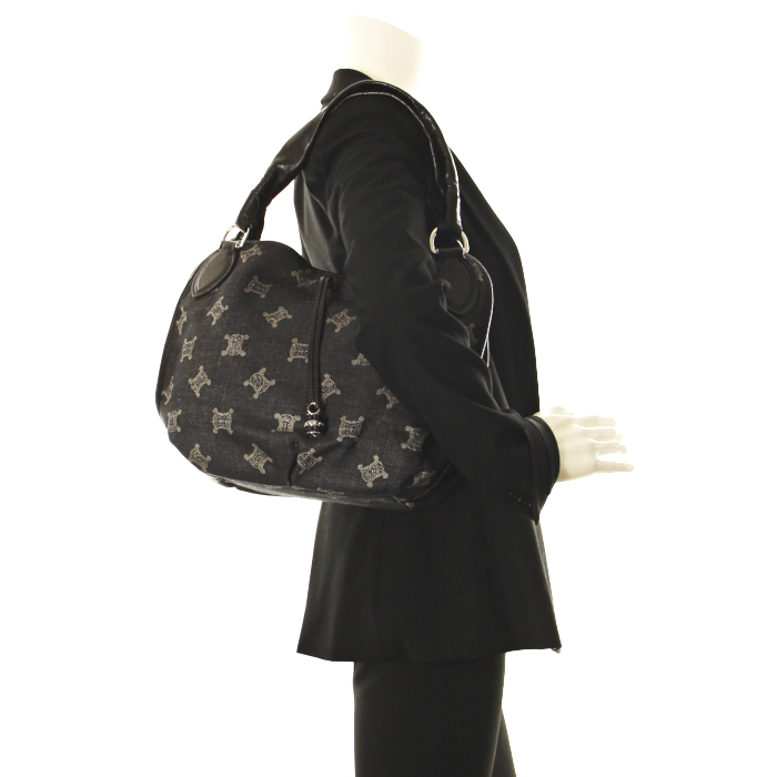 Sac à main en toile denim monogrammée et cuir noir - Detail D1