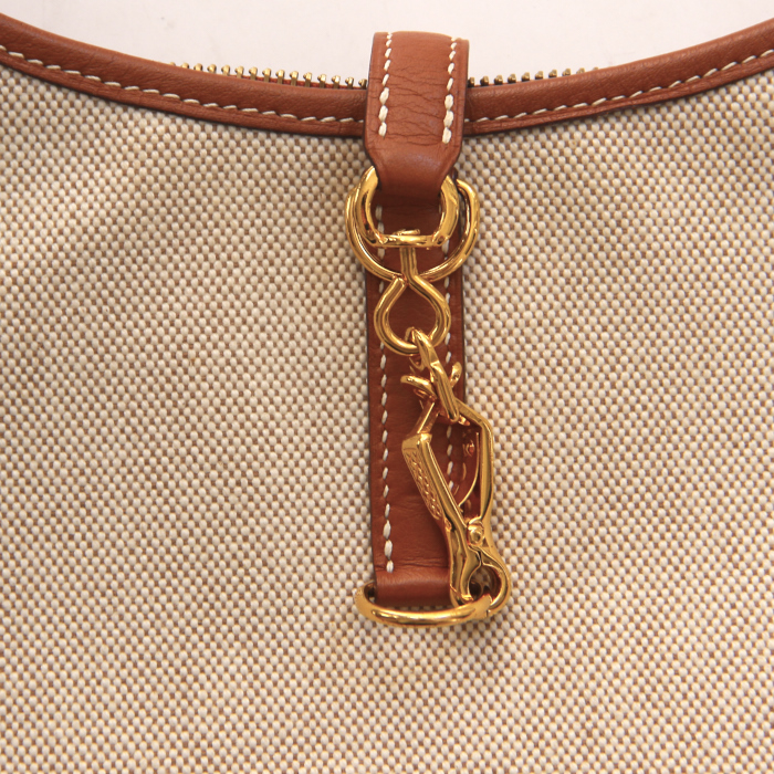 Bolso de mano en lona beige y cuero marrón - Detail D4