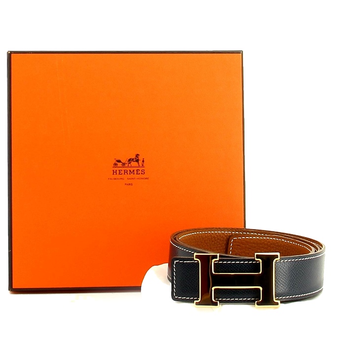 Hermes Belt H reversible in blue and brown leather - Detail D1