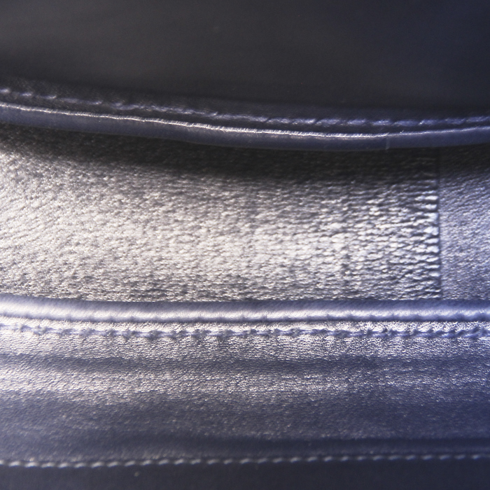 Borsa in tela di lino beige righe e pelle togo blu - Detail D2