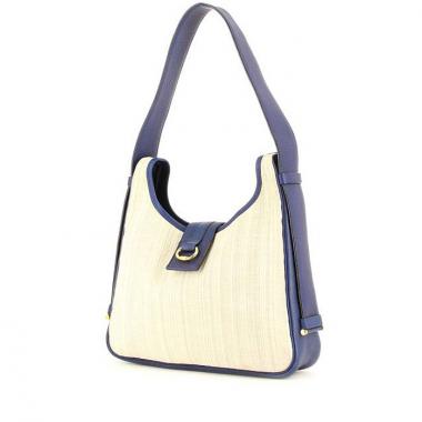 Borsa in tela di lino beige righe e pelle togo blu