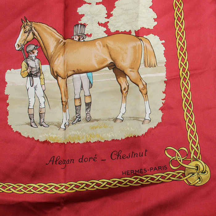 Foulard Hermès in seta rossa con motivo equestre - Detail D2