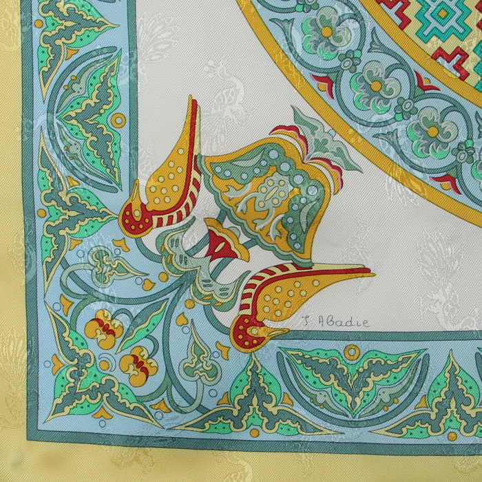 Foulard quadrato Hermes Carre Hermes in twill di seta blu gialla e bianca a fiori - Detail D3