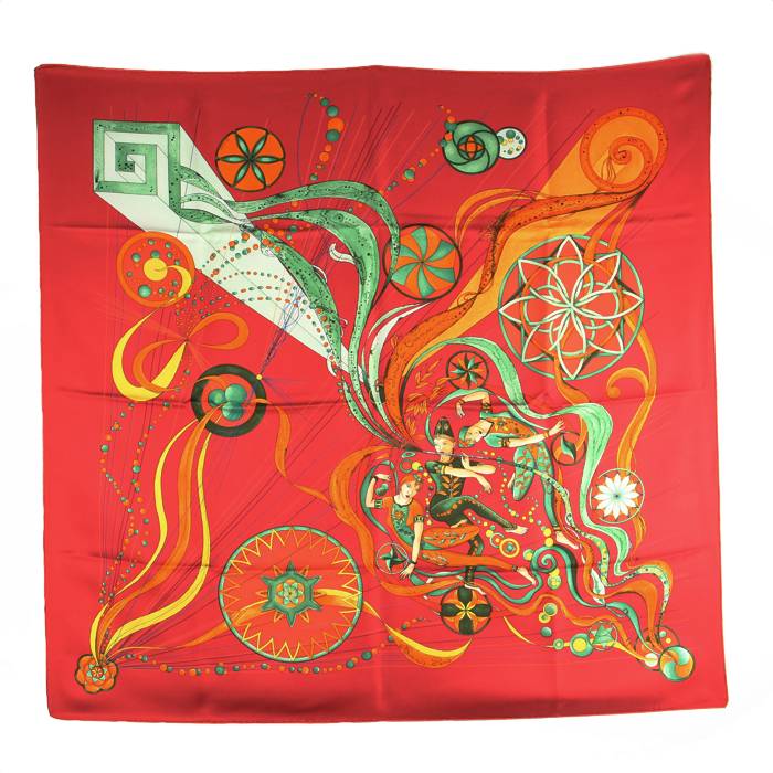 Hermès red silk twill scarf "la Danse du Cosmos" 