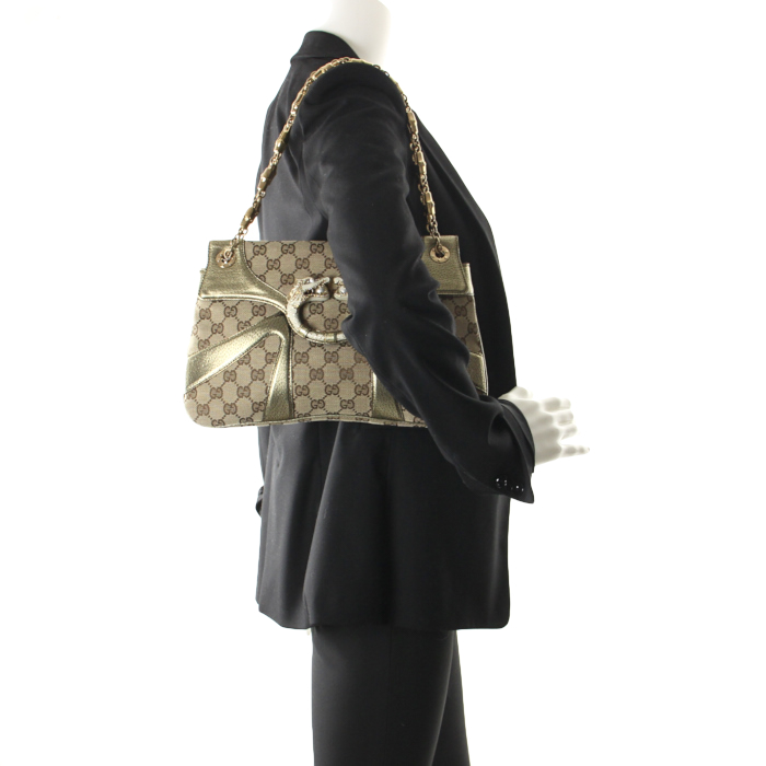 Borsa a spalla Tom Ford in tela monogram beige e pelle dorata - Detail D1