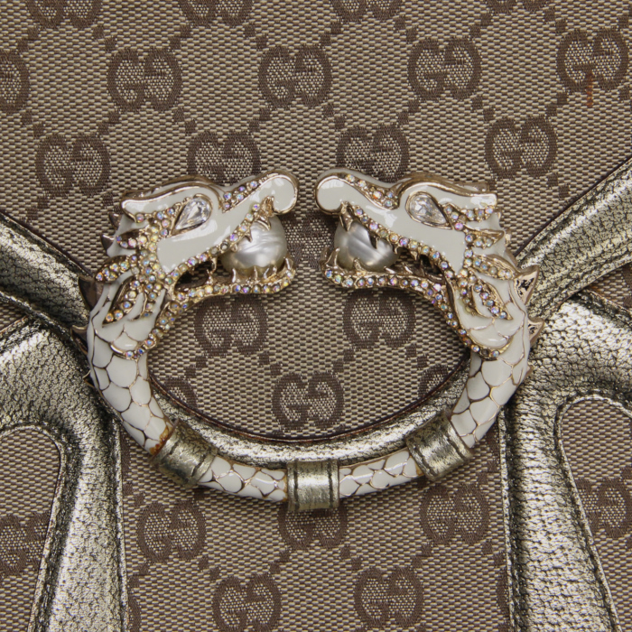 Borsa a spalla Tom Ford in tela monogram beige e pelle dorata - Detail D5