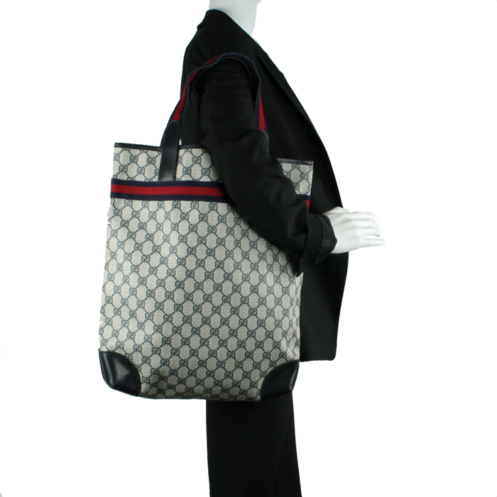 Gucci Shopping bag in monogram canvas and blue navy leather - Detail D1