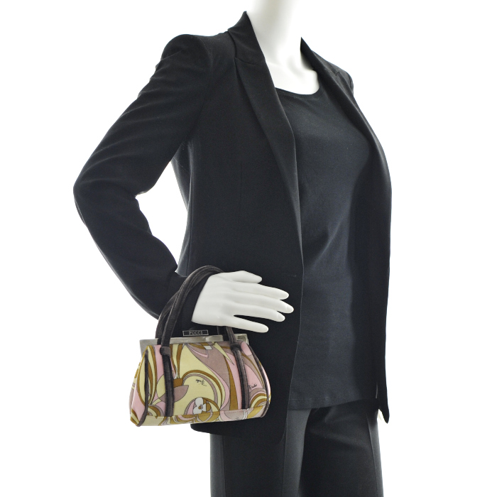 Bolso de mano en terciopelo beige color rosa claro y marrón - Detail D1