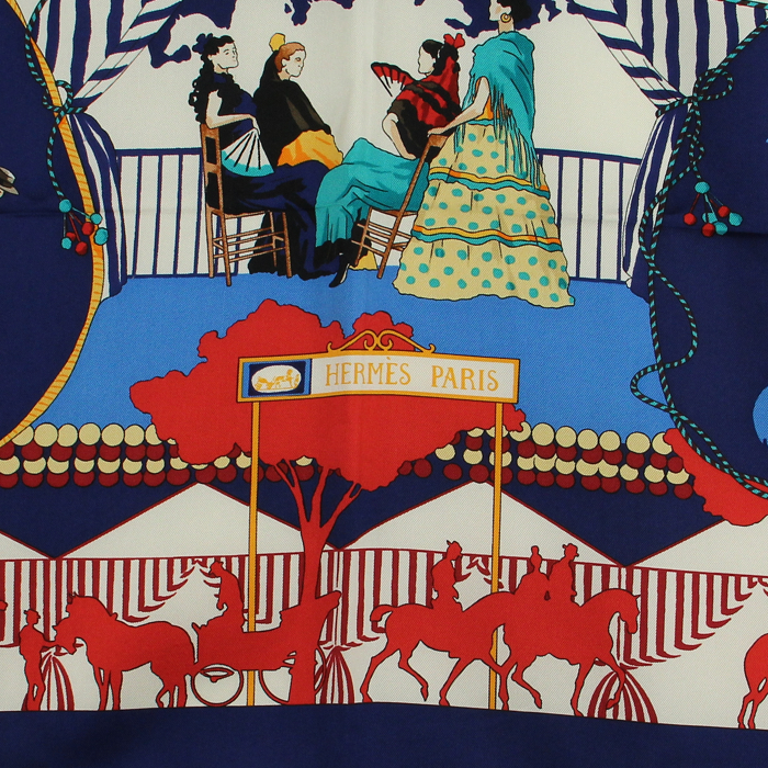 Hermès carré en twill de soie bleu et rouge "Feria de Sevilla" - Detail D1