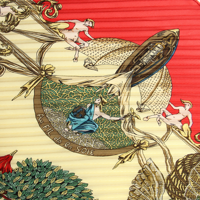 Hermès carré en twill de soie rouge et beige plissé "Au fil de la soie" - Detail D1
