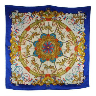 Foulard Hermes Luna Park en twill de soie bleu rouge et blanc