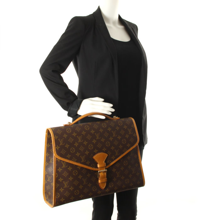 Borsa portadocumenti Beverly in tela monogram e pelle naturale - Detail D1