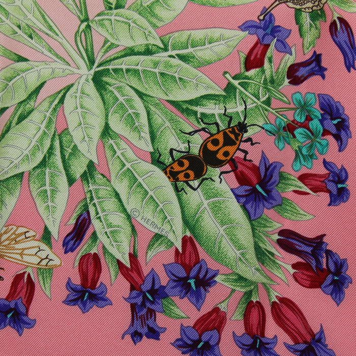 Hermès Carré en Twill de soie rose "La Prairie"  - Detail D3