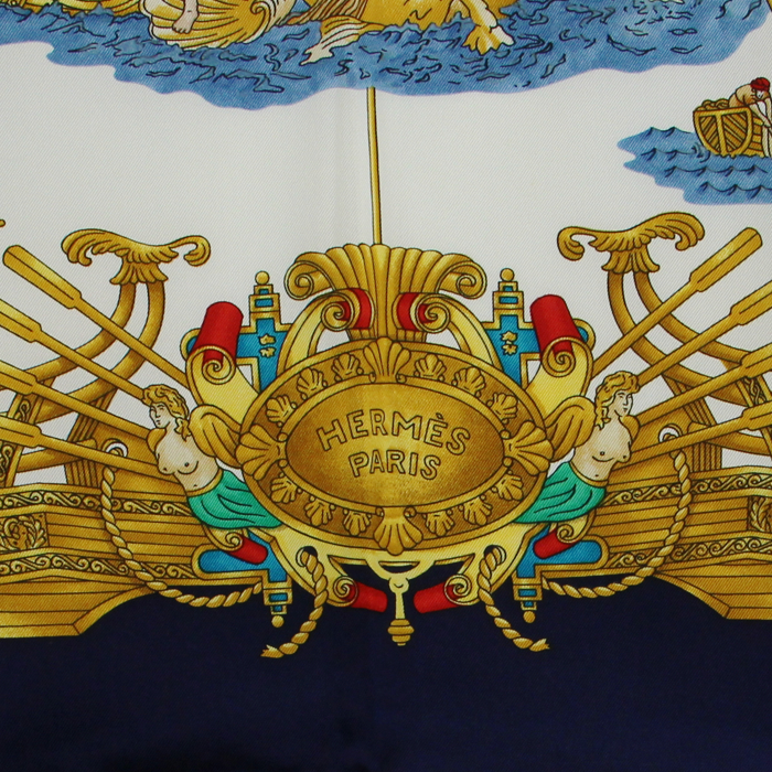 Pañoleta Hermes Carre Hermes en sarga de seda azul, blanca y amarilla - Detail D3