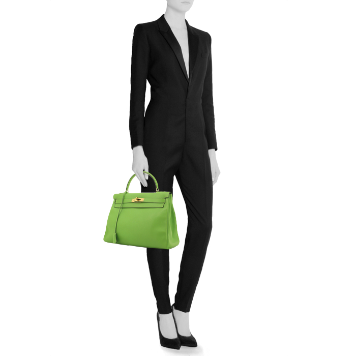 Sac à main Kelly 32 cm en cuir vert-pomme - Detail D1