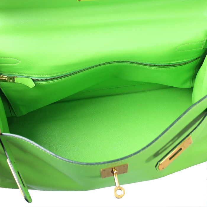 Sac à main Kelly 32 cm en cuir vert-pomme - Detail D3