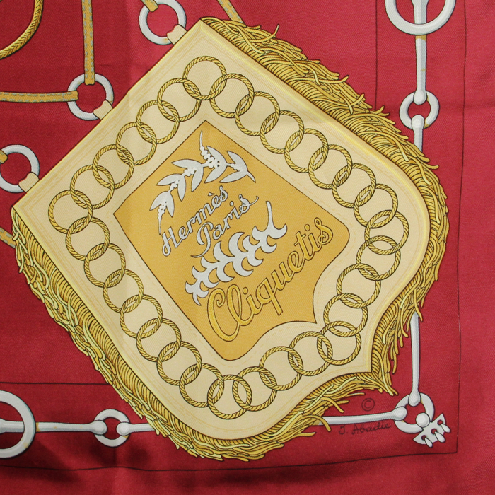 Hermes Carre Hermes carré scarf in burgundy, gold and white twill silk - Detail D1