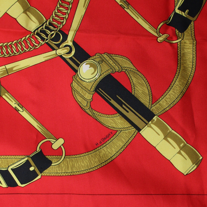 Foulard Carre Hermes in twill di seta rossa nera e gialla raffigurante dei morsi (per cavalli) - Detail D3