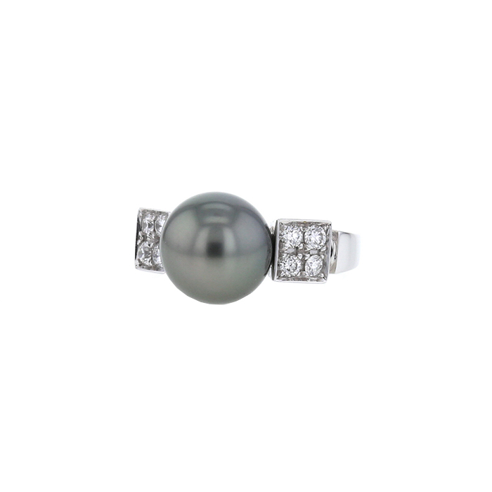 Anello in oro bianco,  perla coltivata grigio e diamanti - 00pp