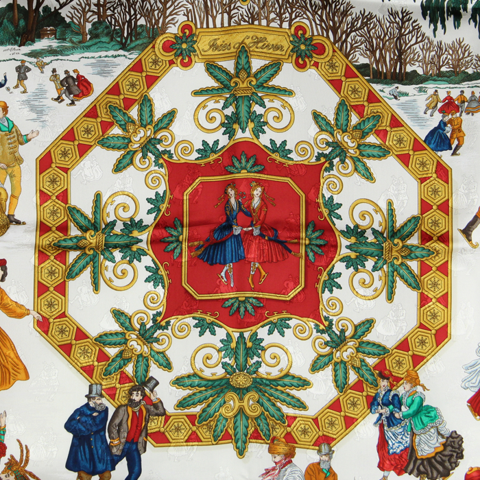 Hermès carré Jolies d'hiver en twill de soie damassé blanc et rouge  - Detail D1