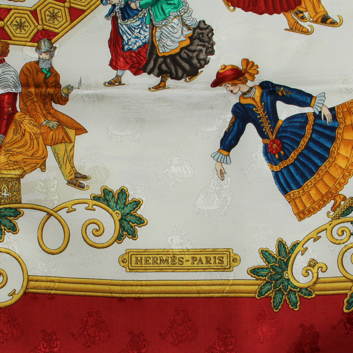 Hermès carré Jolies d'hiver en twill de soie damassé blanc et rouge  - Detail D2