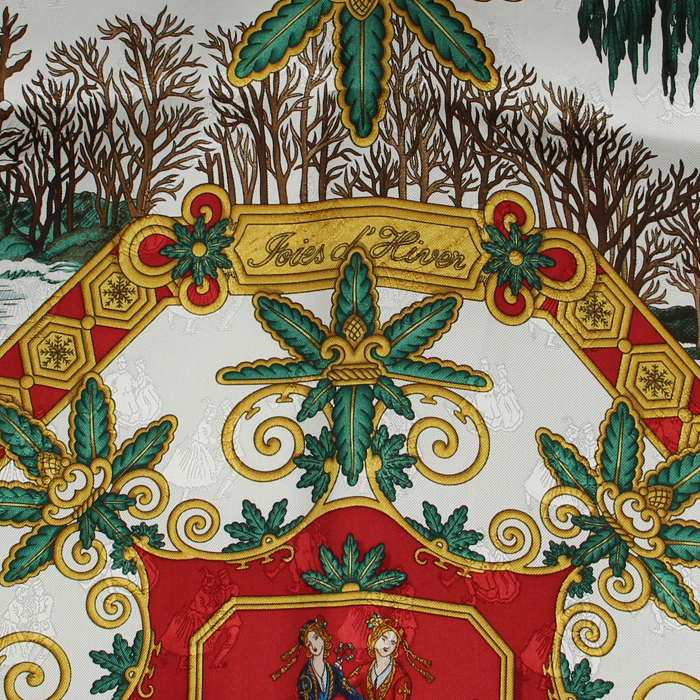 Hermès carré Jolies d'hiver in white and red twill damask silk - Detail D3