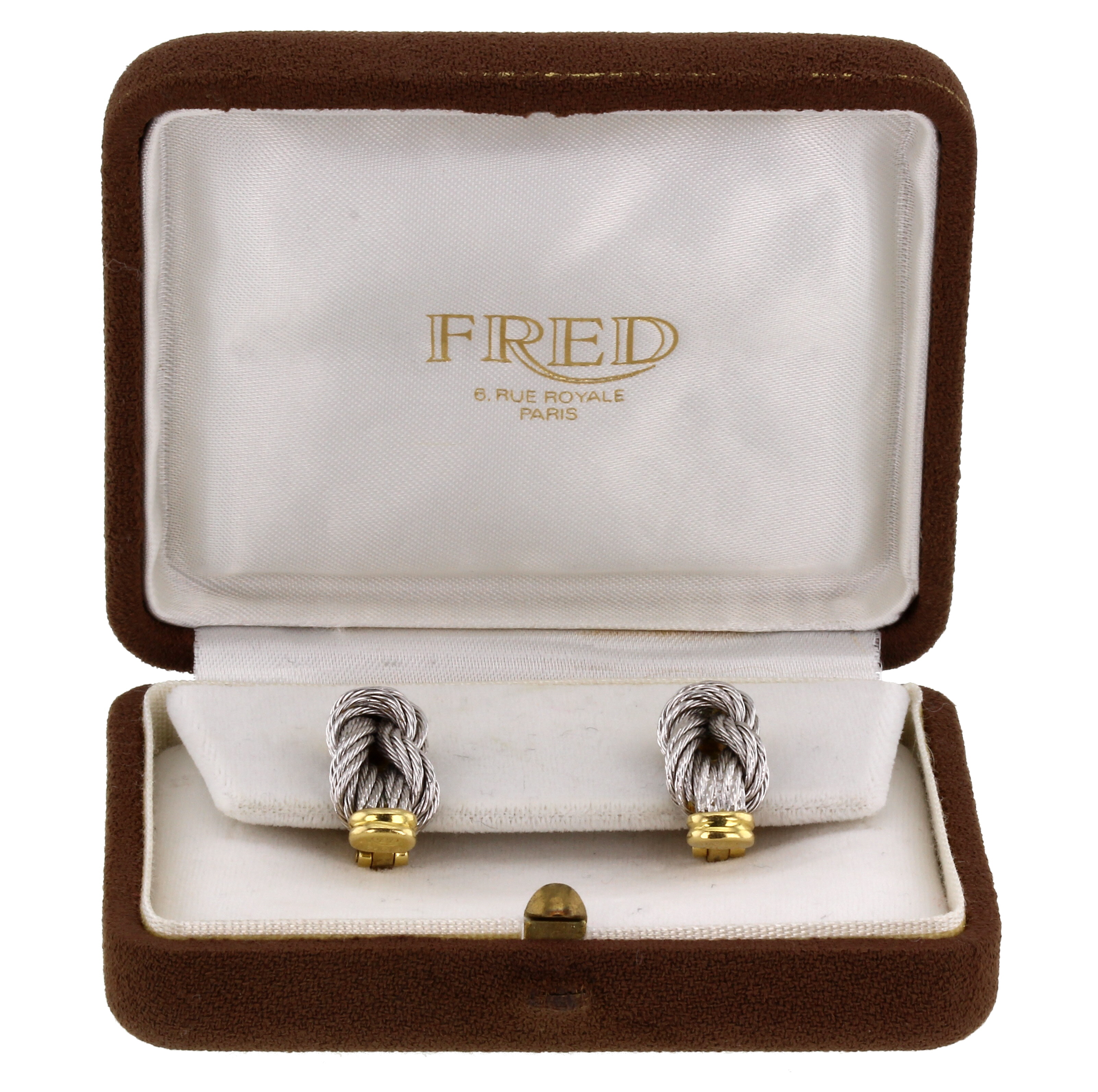 Fred pair of earclips Force 10 in steel and yellow gold - Detail D1
