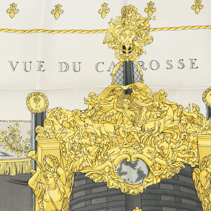 Hermes Carre Hermes scarf in black, gold and off-white twill silk - Detail D1