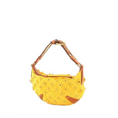 Bolso de mano en ante amarillo y cuero marrón
