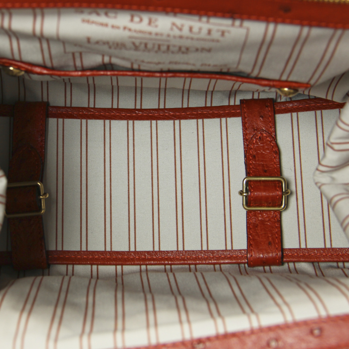 Handbag in khaki canvas and orange red ostrich leather - Detail D2