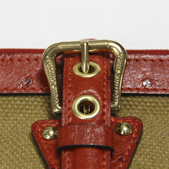 Handbag in khaki canvas and orange red ostrich leather - Detail D4