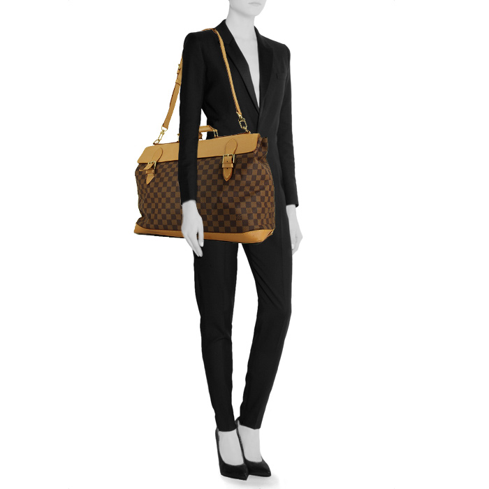 Bolsa de viaje Greenwich modelo grande en lona a cuadros ébano y cuero natural - Detail D1