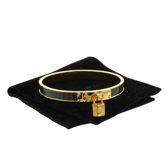 Brazalete Hermes en metal chapado en oro y piel de lagarto verde oscuro - Detail D1