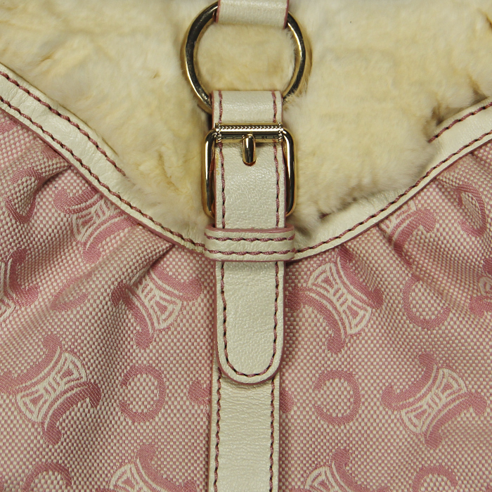 Borsa Celine Vintage in tela monogram rosa e pelle e pelliccia bianche - Detail D4