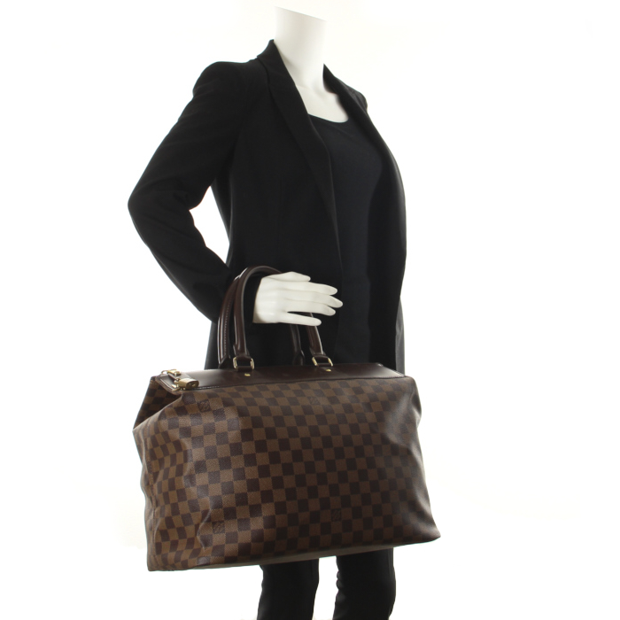 Louis Vuitton Greenwich petit modèle en toile damier ébène et cuir marron - Detail D1