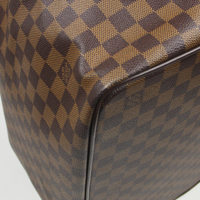 Bolsa de viaje Greenwich modelo pequeño en lona a cuadros revestida ébano y cuero marrón - Detail D5