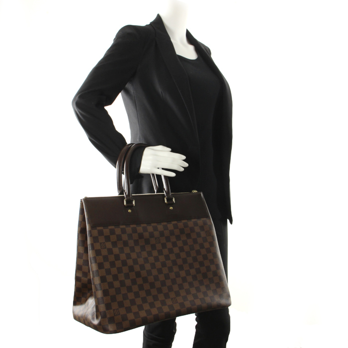 Borsa da viaggio Louis Vuitton Greenwich in tela cerata con motivo a scacchi ebano e pelle marrone - Detail D1