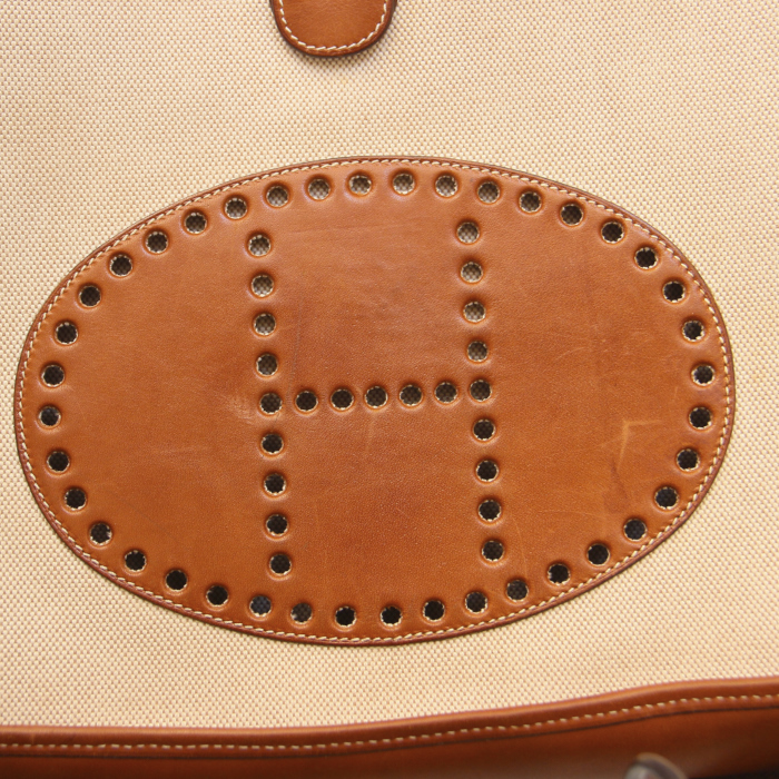 Evelyne large model handbag in beige canvas and brown leather - Detail D4