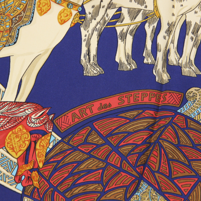 Hermès carré Art des steppes en twill de soie bleu - Detail D2
