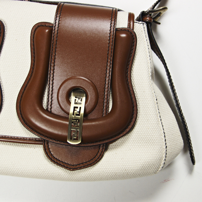 Borsa a spalla in tela beige e pelle marrone - Detail D4