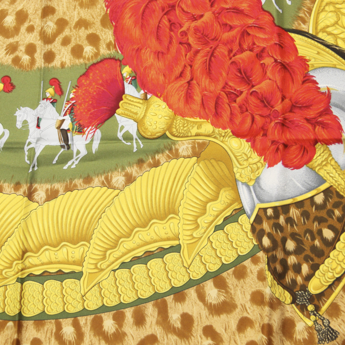 Pañoleta Hermes Carre Hermes en sarga de seda multicolor verde, roja, color mostaza y leoparda - Detail D1