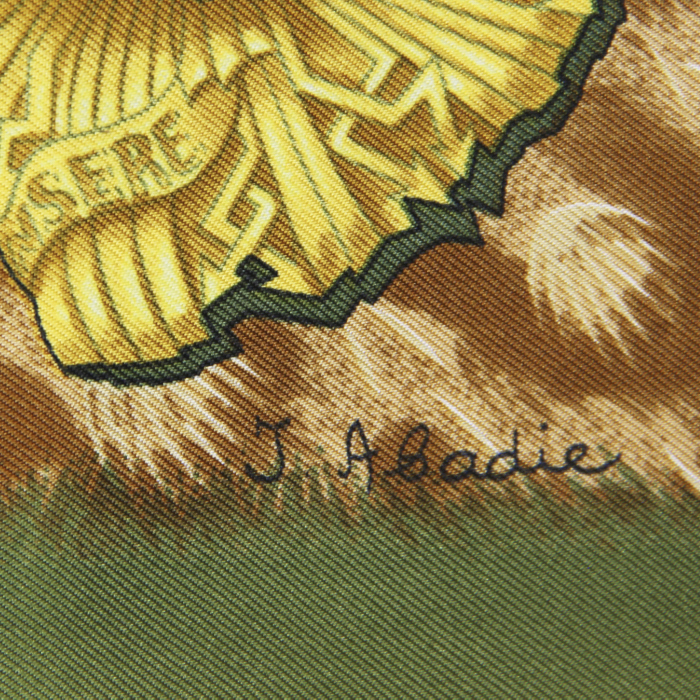 Foulard Hermes Carre Hermes en twill de soie multicolore vert , rouge jaune-moutarde et léopard - Detail D3