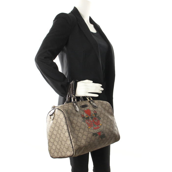 Gucci Speedy handbag in monogram canvas and black patent leather - Detail D1