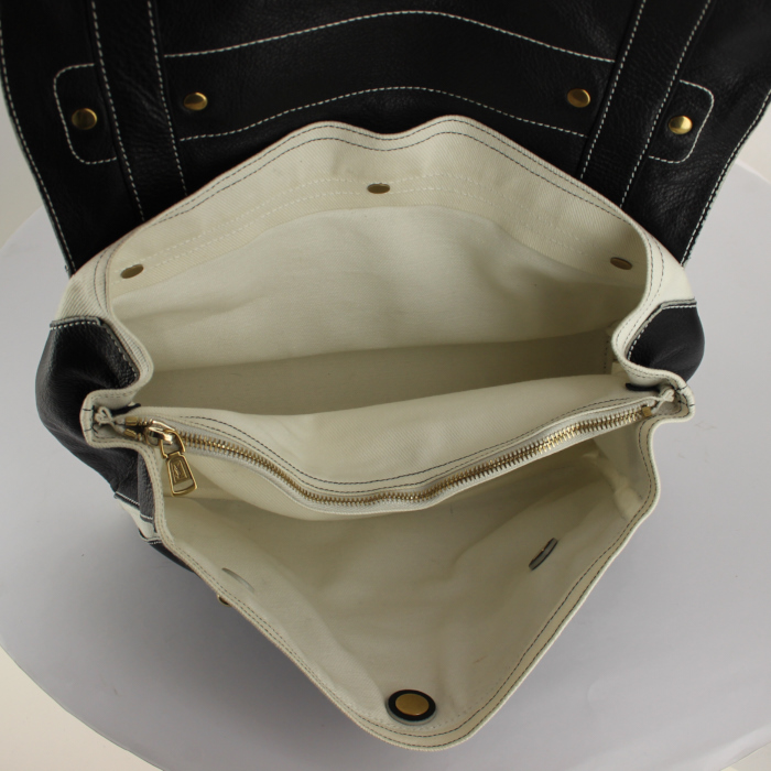 Sac à main Muse Two en cuir noir et beige et toile blanche - Detail D2